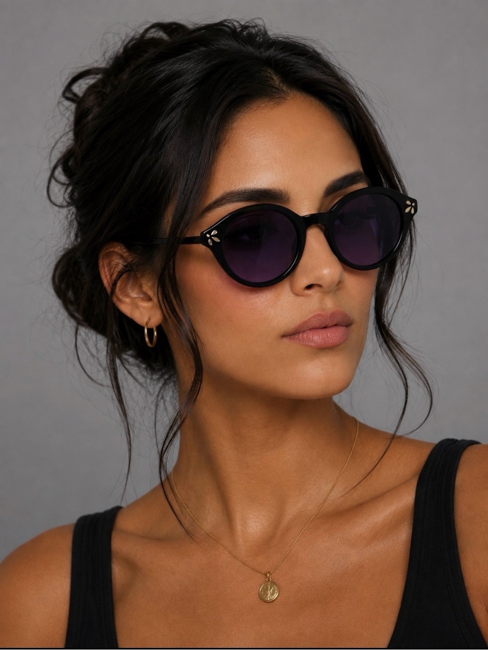 (VTG) Floral Embellished Retro Black Circle Frame Sunglasses
